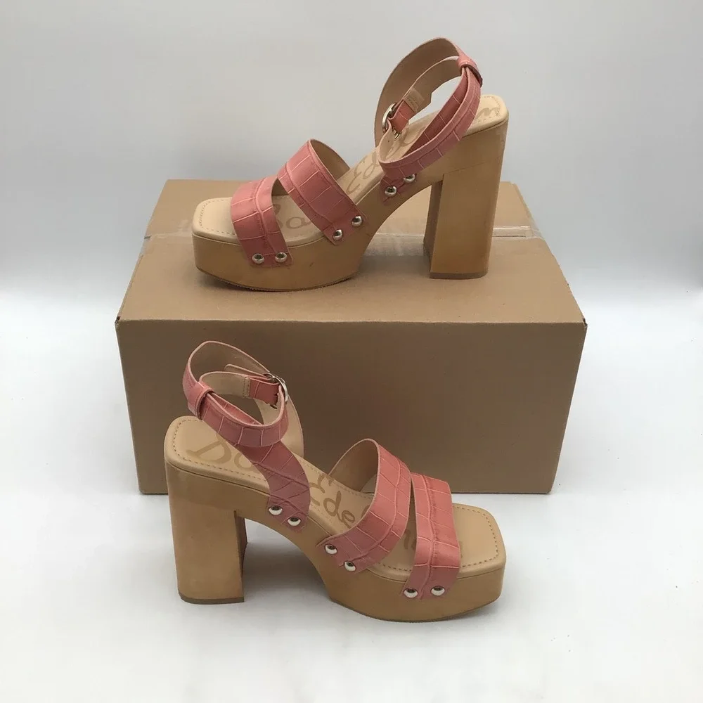 Sam Edelman Rosalind Pink Croc Leather Platform Block Heel Sandals Size 7.5M NEW